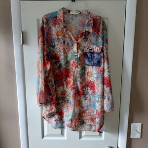 Simply Couture Floral Button Down Shirt -Orange,  Red, Blue, White